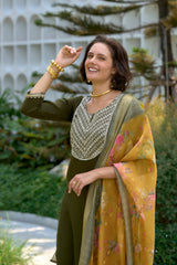 Women's Olive Viscose Rayon Embroidered Kurta Pant With Dupatta-AVT-S2013-MEH