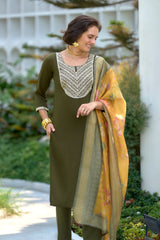 Women's Olive Viscose Rayon Embroidered Kurta Pant With Dupatta-AVT-S2013-MEH
