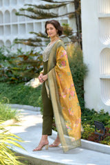 Women's Olive Viscose Rayon Embroidered Kurta Pant With Dupatta-AVT-S2013-MEH