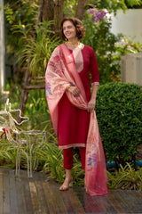 Women's Red Roman Embroidered Kurta Pant With Dupatta-AVT-S2015-Red
