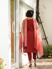 Women's Red Roman Embroidered Kurta Pant With Dupatta-AVT-S2015-Red