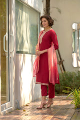 Women's Red Roman Embroidered Kurta Pant With Dupatta-AVT-S2015-Red
