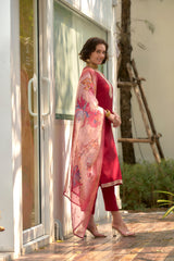 Women's Red Roman Embroidered Kurta Pant With Dupatta-AVT-S2015-Red