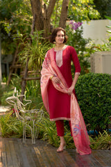 Women's Red Roman Embroidered Kurta Pant With Dupatta-AVT-S2015-Red