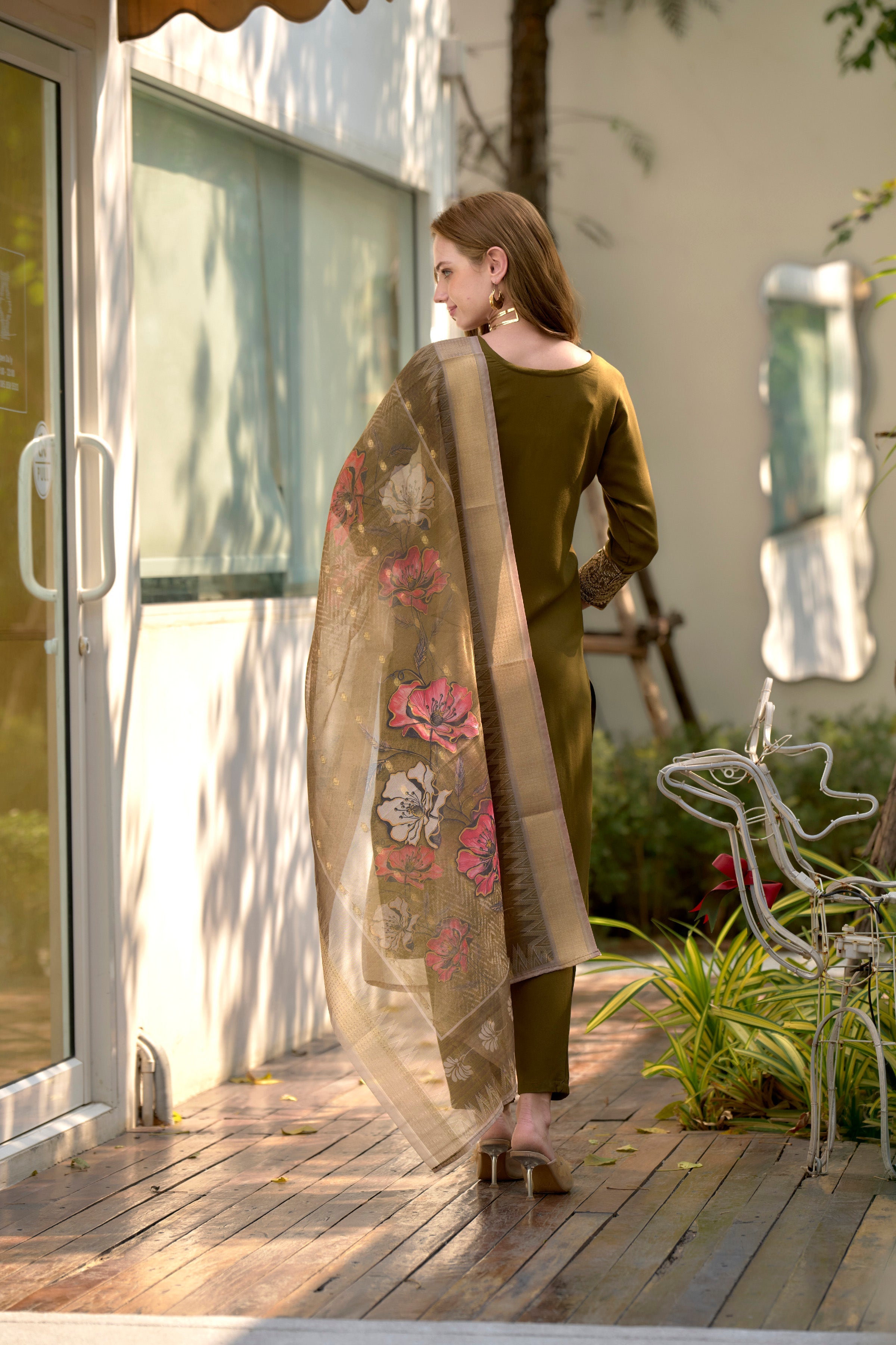 Women's Olive Rayon Embroidered Kurta Pant With Dupatta