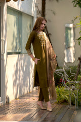 Women's Olive Rayon Embroidered Kurta Pant With Dupatta-AVT-S2016-Olive