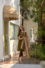 Women's Olive Rayon Embroidered Kurta Pant With Dupatta-AVT-S2016-Olive