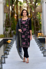 Women's Black Rayon Embroidered Kurta Pant With Dupatta-AVT-S2017-Black