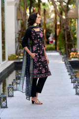 Women's Black Rayon Embroidered Kurta Pant With Dupatta-AVT-S2017-Black