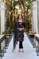 Women's Black Rayon Embroidered Kurta Pant With Dupatta-AVT-S2017-Black