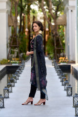 Women's Black Rayon Embroidered Kurta Pant With Dupatta-AVT-S2017-Black