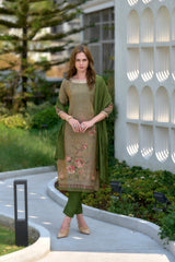 Women's Tissue Floral Printed With Embroidered Kurta Pant With Dupatta-AVT-S2018-Green