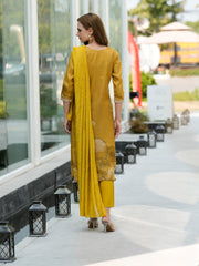 Women's Tissue Mustard Floral Printed With Embroidered Kurta Pant With Dupatta-AVT-S2019-Mustard