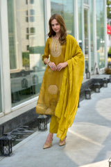 Women's Tissue Mustard Floral Printed With Embroidered Kurta Pant With Dupatta-AVT-S2019-Mustard