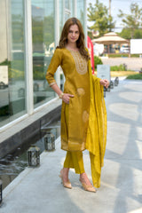 Women's Tissue Mustard Floral Printed With Embroidered Kurta Pant With Dupatta-AVT-S2019-Mustard