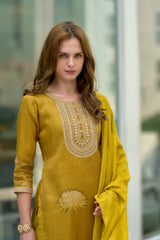 Women's Tissue Mustard Floral Printed With Embroidered Kurta Pant With Dupatta-AVT-S2019-Mustard