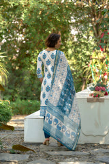 Women's Cotton White Floral Printed With Chikankari Embroidered Kurta Pant With Dupatta-AVT-S2020-White
