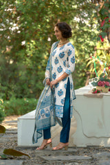 Women's Cotton White Floral Printed With Chikankari Embroidered Kurta Pant With Dupatta-AVT-S2020-White
