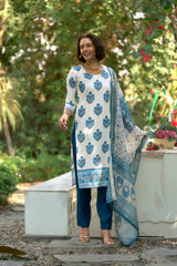 Women's Cotton White Floral Printed With Chikankari Embroidered Kurta Pant With Dupatta-AVT-S2020-White