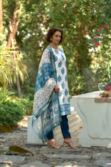 Women's Cotton White Floral Printed With Chikankari Embroidered Kurta Pant With Dupatta-AVT-S2020-White