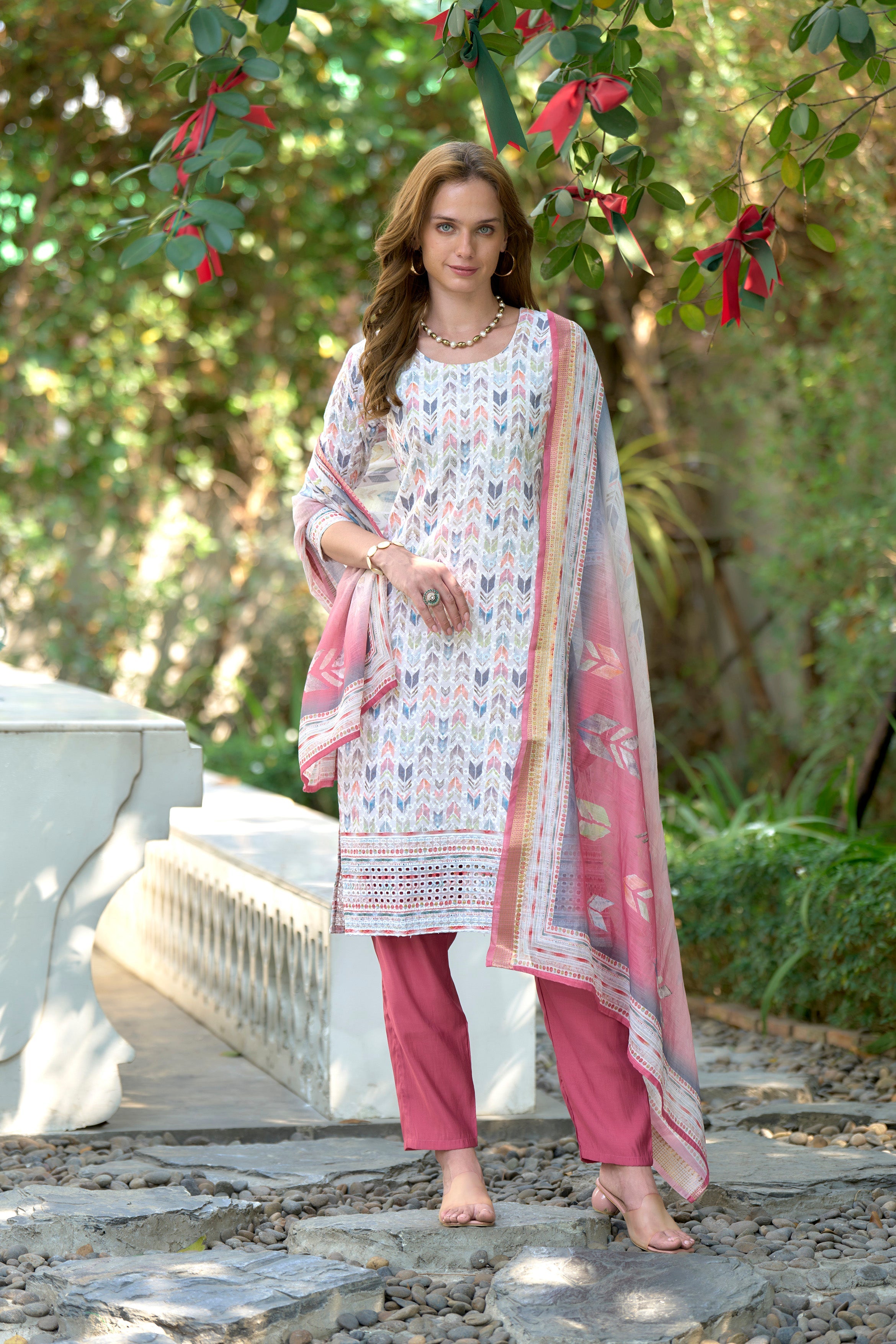 Women's Cotton White Blue Floral Printed With Chikankari Embroidered Kurta Pant With Dupatta