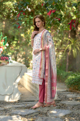 Women's Cotton White Blue Floral Printed With Chikankari Embroidered Kurta Pant With Dupatta-AVT-S2021-White