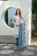 Women's Cotton White  Floral Printed With Chikankari Embroidered Kurta Pant With Dupatta-AVT-S2022-White