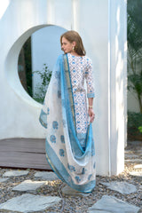 Women's Cotton White  Floral Printed With Chikankari Embroidered Kurta Pant With Dupatta-AVT-S2022-White