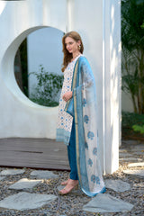 Women's Cotton White  Floral Printed With Chikankari Embroidered Kurta Pant With Dupatta-AVT-S2022-White