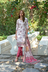 Women's Cotton White  Pink Floral Printed With Chikankari Embroidered Kurta Pant With Dupatta-AVT-S2023-White