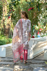 Women's Cotton White  Pink Floral Printed With Chikankari Embroidered Kurta Pant With Dupatta-AVT-S2023-White