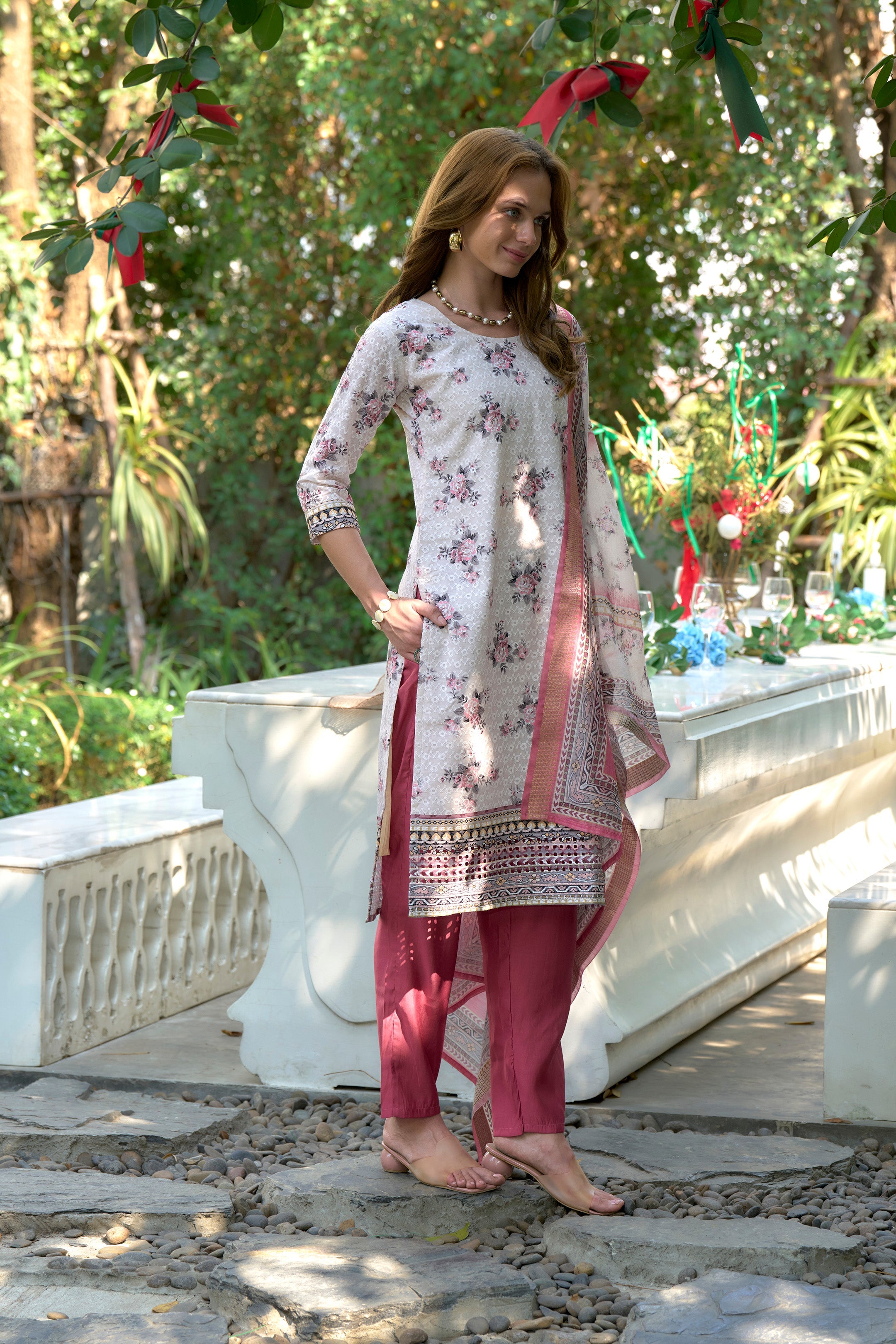 Women's Cotton White  Pink Floral Printed With Chikankari Embroidered Kurta Pant With Dupatta