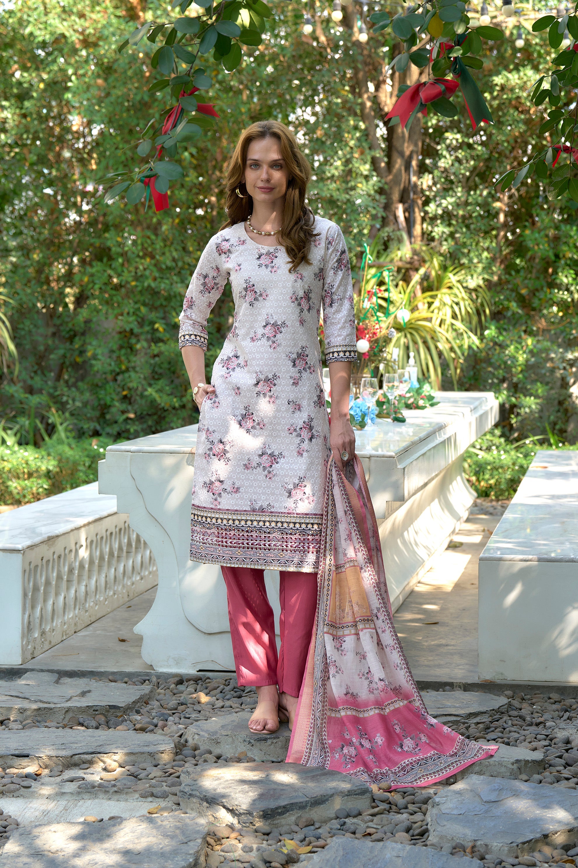 Women's Cotton White  Pink Floral Printed With Chikankari Embroidered Kurta Pant With Dupatta