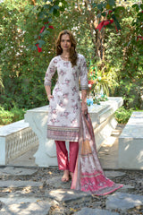 Women's Cotton White  Pink Floral Printed With Chikankari Embroidered Kurta Pant With Dupatta-AVT-S2023-White