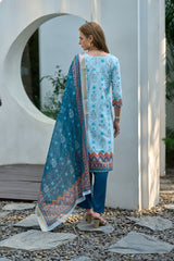 Women's Cotton Sky Blue Floral Printed With Chikankari Embroidered Kurta Pant With Dupatta-AVT-S2024-Sky