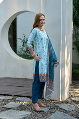 Women's Cotton Sky Blue Floral Printed With Chikankari Embroidered Kurta Pant With Dupatta-AVT-S2024-Sky