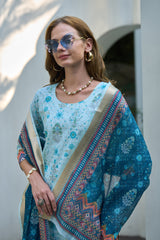 Women's Cotton Sky Blue Floral Printed With Chikankari Embroidered Kurta Pant With Dupatta-AVT-S2024-Sky