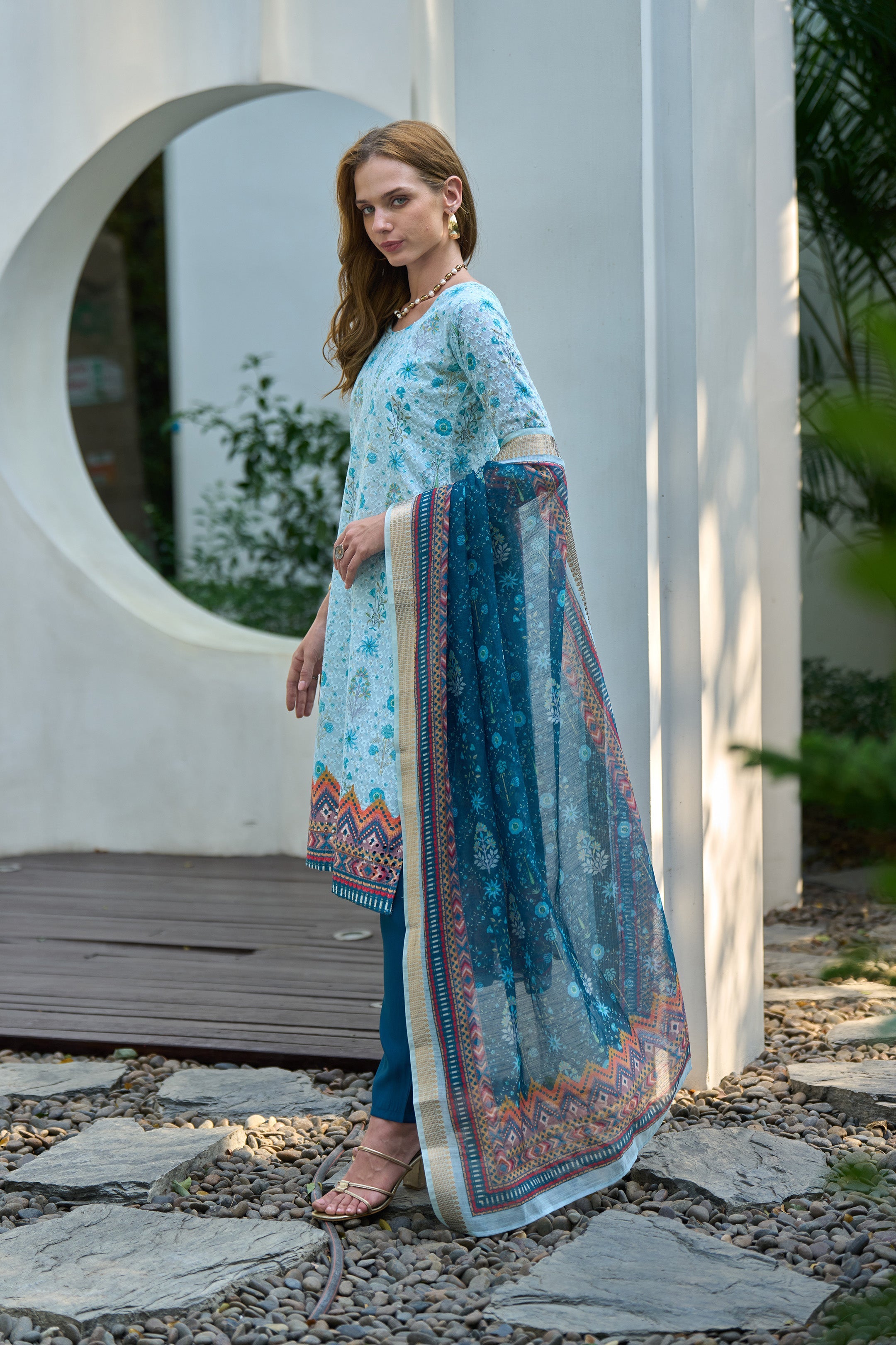 Women's Cotton Sky Blue Floral Printed With Chikankari Embroidered Kurta Pant With Dupatta