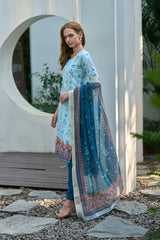 Women's Cotton Sky Blue Floral Printed With Chikankari Embroidered Kurta Pant With Dupatta-AVT-S2024-Sky
