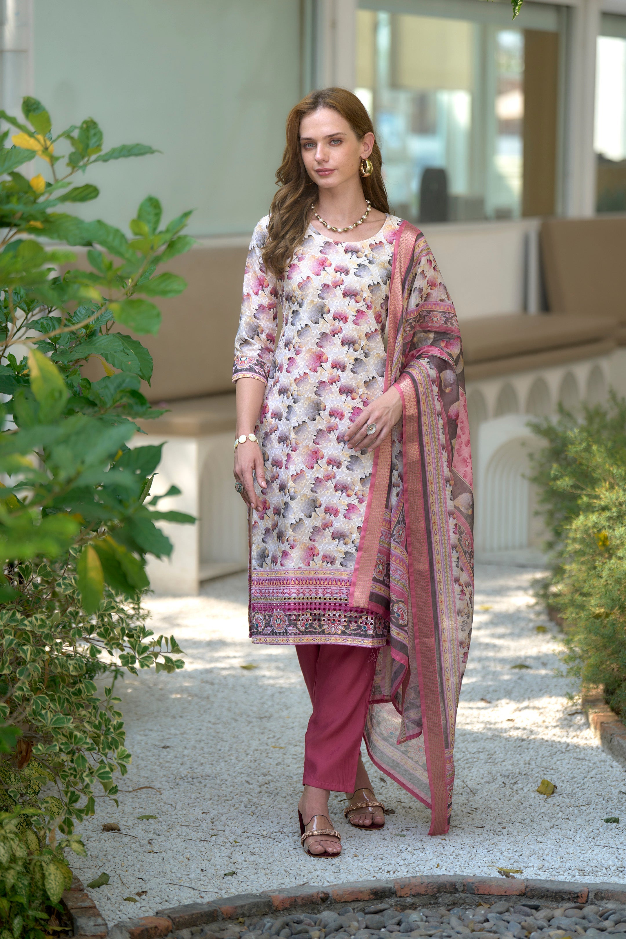 Women's Cotton White Wine Floral Printed With Chikankari Embroidered Kurta Pant With Dupatta