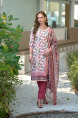 Women's Cotton White Wine Floral Printed With Chikankari Embroidered Kurta Pant With Dupatta-AVT-S2025-White