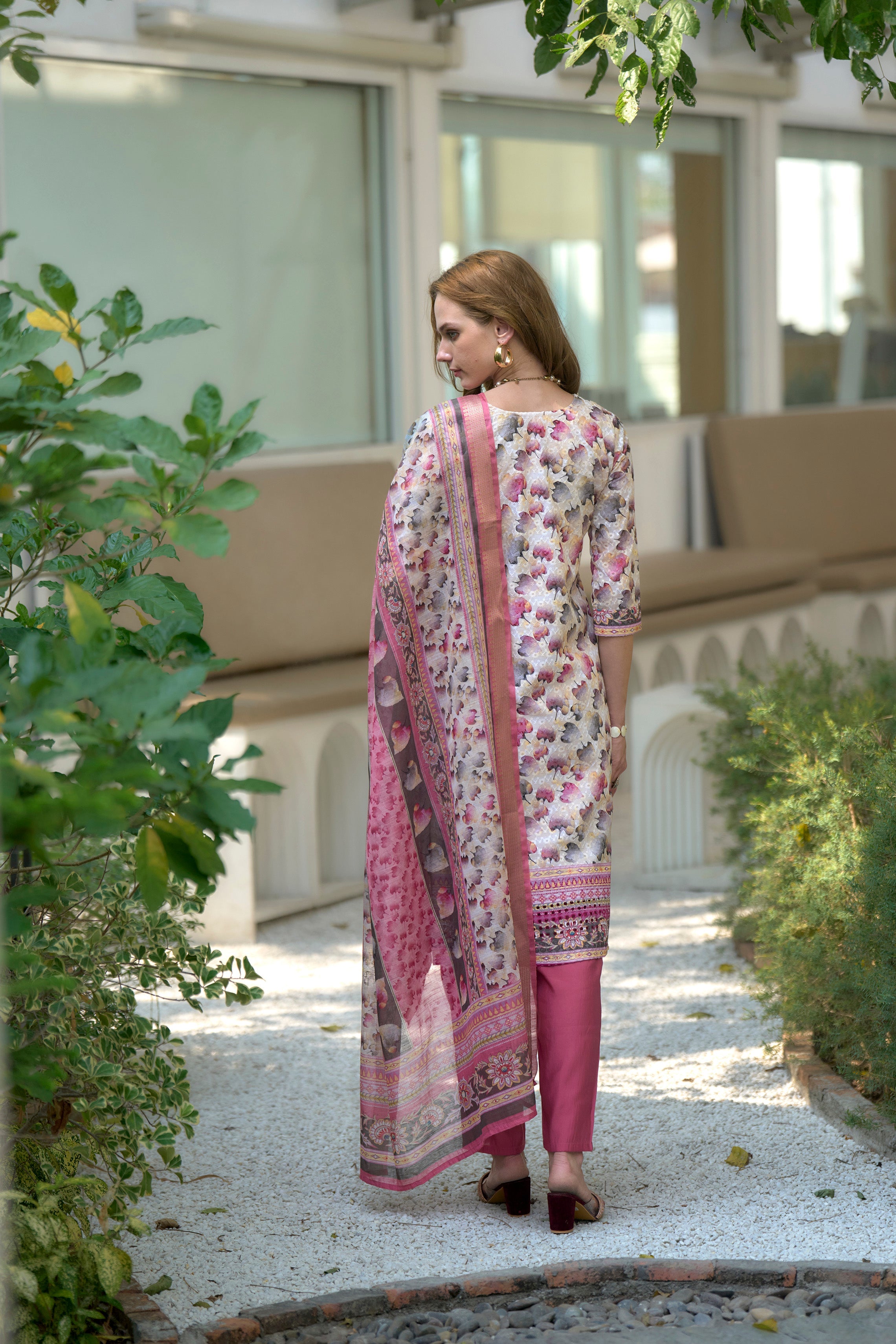Women's Cotton White Wine Floral Printed With Chikankari Embroidered Kurta Pant With Dupatta