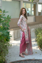 Women's Cotton White Wine Floral Printed With Chikankari Embroidered Kurta Pant With Dupatta-AVT-S2025-White