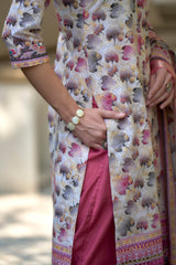Women's Cotton White Wine Floral Printed With Chikankari Embroidered Kurta Pant With Dupatta-AVT-S2025-White