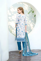 Women's Cotton White Blue Floral Printed With Chikankari Embroidered Kurta Pant With Dupatta-AVT-S2026-White