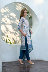 Women's Cotton White Blue Floral Printed With Chikankari Embroidered Kurta Pant With Dupatta-AVT-S2026-White