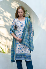 Women's Cotton White Blue Floral Printed With Chikankari Embroidered Kurta Pant With Dupatta-AVT-S2026-White