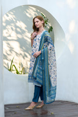 Women's Cotton White Blue Floral Printed With Chikankari Embroidered Kurta Pant With Dupatta-AVT-S2026-White