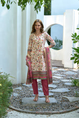 Women's Cotton Pink Floral Printed With Chikankari Embroidered Kurta Pant With Dupatta-AVT-S2027-Pink