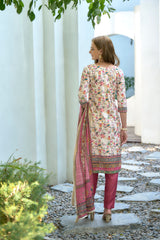 Women's Cotton Pink Floral Printed With Chikankari Embroidered Kurta Pant With Dupatta-AVT-S2027-Pink